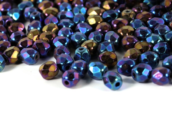 Glasschliffperlen, feuerpoliert, Jet Blue Iris, 4mm, 50 Stück