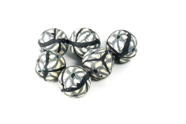 Fimo-Ton Perlen, Schwarz/Weiß, gemustert, 12mm