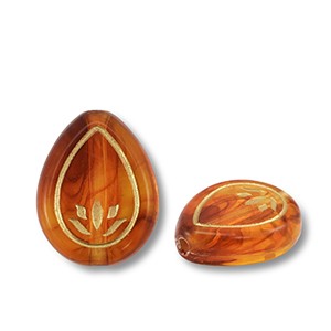 Acrylperlen, Tropfen, verziert, Cognac Brown - Goldfarben, 17.5x13.5mm