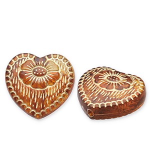 Perlen aus Acryl, Herzen, verziert, Cognac Brown - Goldfarben, 16.5x18mm