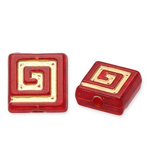 Perlen aus Acryl, Quadrat, verziert, Rot - Goldfarben, 8.5x8.5mm