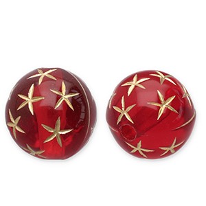 Acrylperlen, Kugel, verziert mit Sternen, Rot - Goldfarben, 12mm