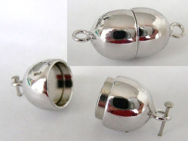 Starker Magnetverschluss, oval, rhodiniert, Silberfarben, glänzend, 23x10mm