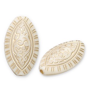 Acrylperlen, Oval, verziert, Off White - Goldfarben, 19x11mm