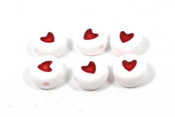 Buchstabenperlen, Herzen, Acryl, Weiß-Rot, 7mm, 100 Stück