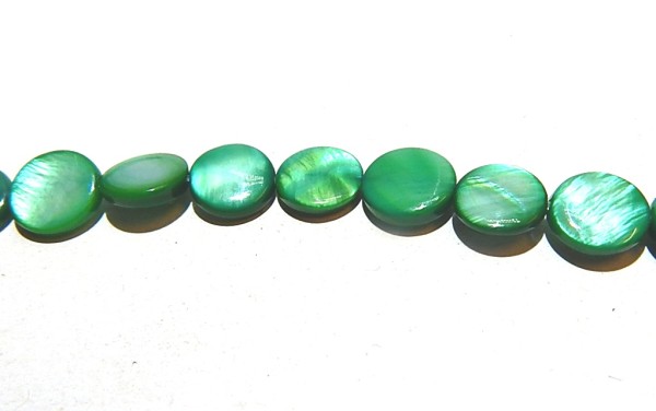 Muschelperlen, Scheiben, Strang, Grün, 10mm