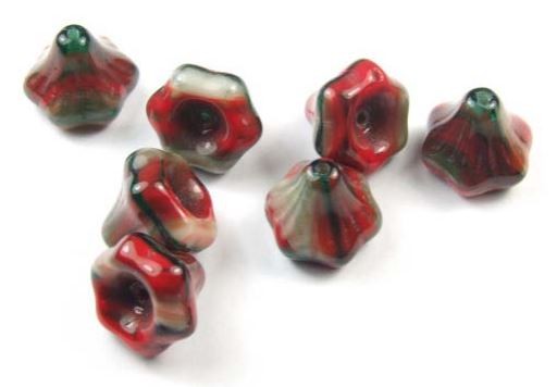 Böhmische Glasperlen, Blütenkelche, Rot marmoriert, 9x9mm