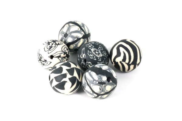 Fimo-Ton Perlen, Schwarz/Weiß, gemustert, 12mm