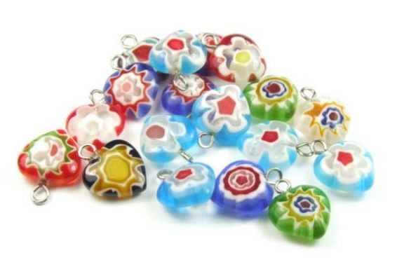Millefiori, Herzanhänger, Blumenmuster, Bunt gemischt, 10mm