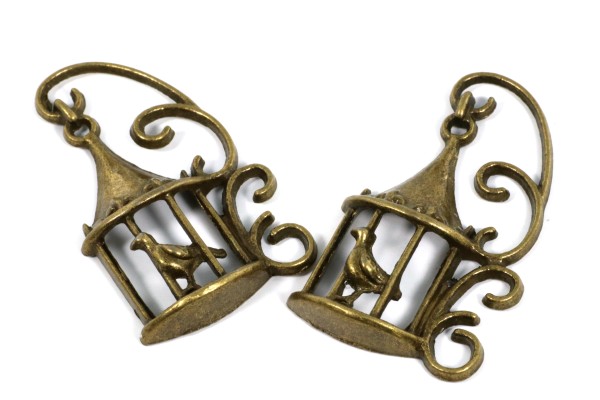 Anhänger, Vogelkäfig mit Vogel, Antik Bronzefarben, 35x20mm