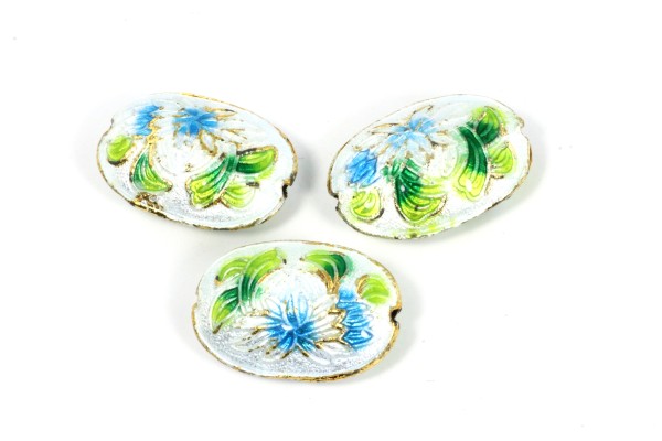 Cloisonneperlen, Oval, Weiß mit Muster, 20x14x7mm
