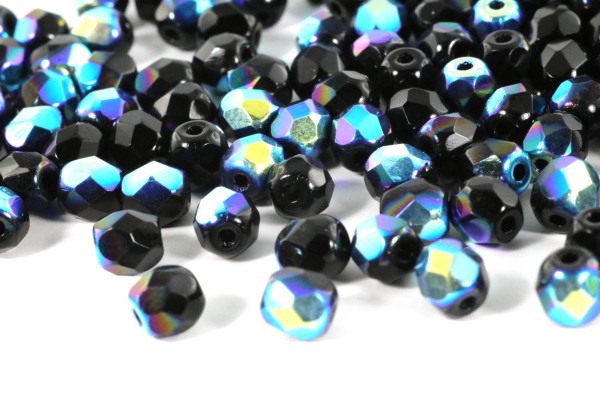 Böhmische Glasschliffperlen, Jet AB, 4mm, 50 Stück