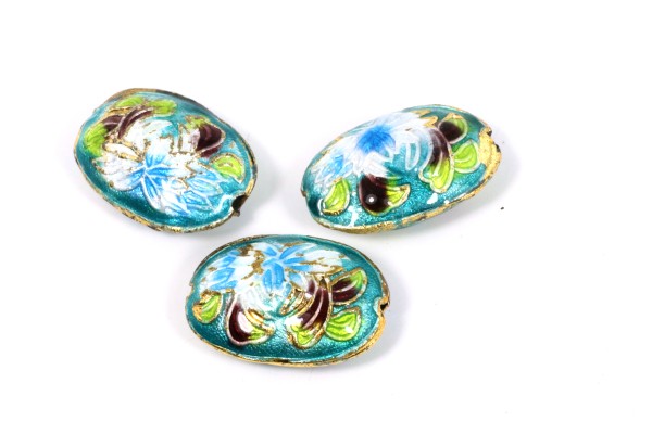 Cloisonneperlen, Oval, Türkis mit Muster, 20x14x7mm