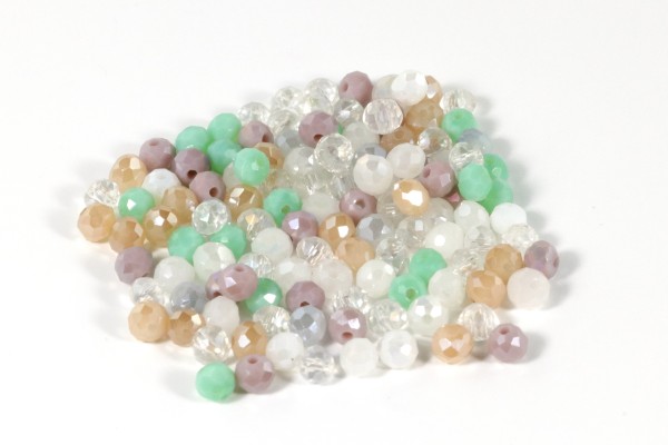 Glasschliffperlen, Rondelle, Weiß/Grün/Beige-Töne, 125 Stück