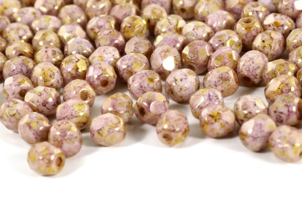 Glasperlen, böhmisch, Chalk White Lila Gold Luster, 4mm, 50 Stück