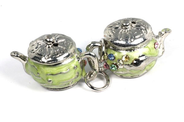 Anhänger, Teekanne mit Strasssteinchen, Hellgrün, 25x15mm