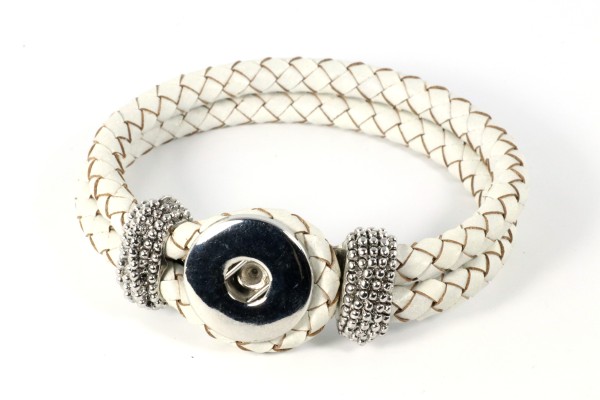 Lederarmband für 1 Druckknopf, geflochten, Weiß, ca. 21cm