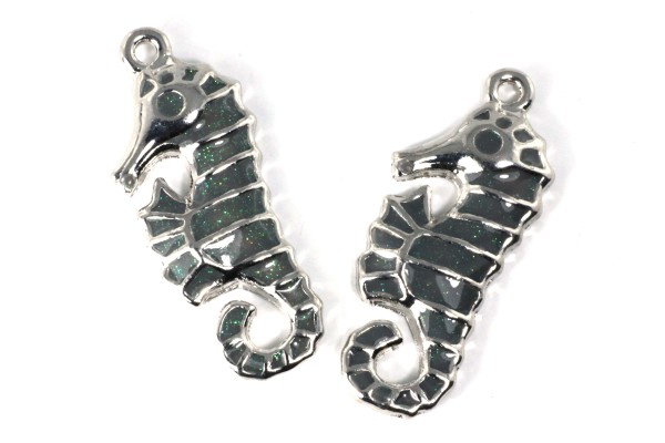Anhänger, Seepferdchen, Grau mit Glitzereffekt, 38x17mm