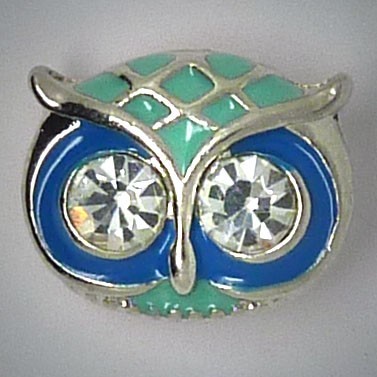 Mini Schmuckdruckknopf, Eule mit Strassaugen, Türkis/Blau 14x12mm