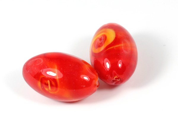Lampwork Perlen, oval, Rot mit Muster, 30mm