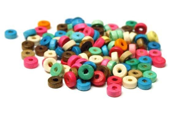 Holzperlen, Donuts, bunt gemischt, 8x3mm