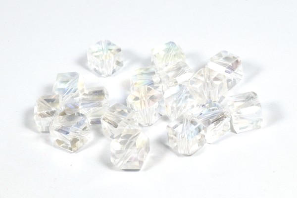 Glaswürfel mit Schliff, Kristallglas, diagonal gebohrt, Transparent AB, 8x8mm